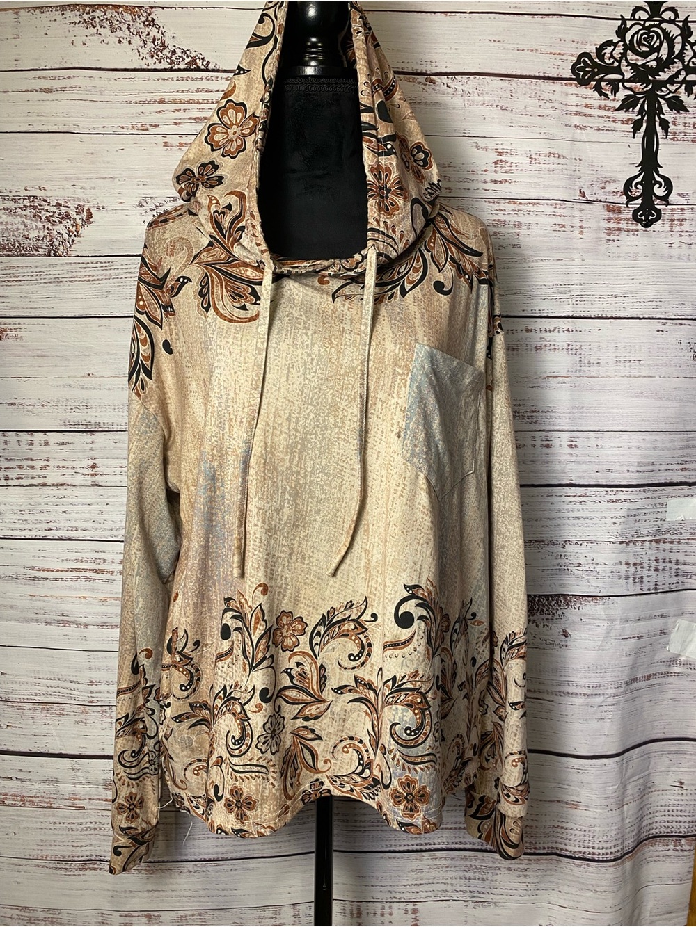 Lily Beige Floral Hoodie with Drawstring has Suede Feel Sz-XL
